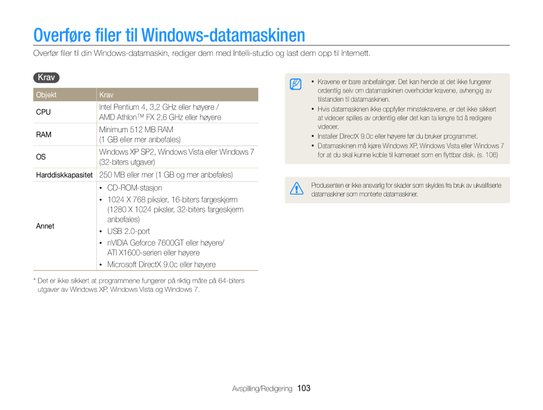 Samsung EC-MV800ZBPBE2 manual Overføre filer til Windows-datamaskinen, Krav , Objekt Krav 